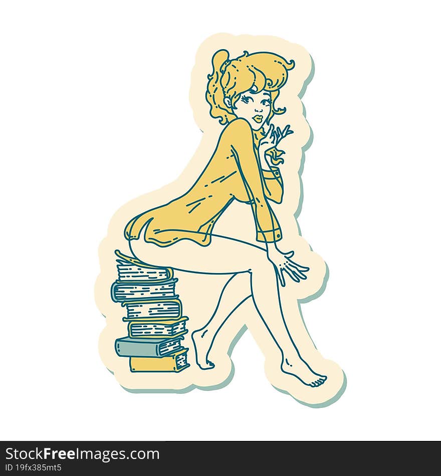 Tattoo Style Sticker Of A Pinup Girl Sitting On Books