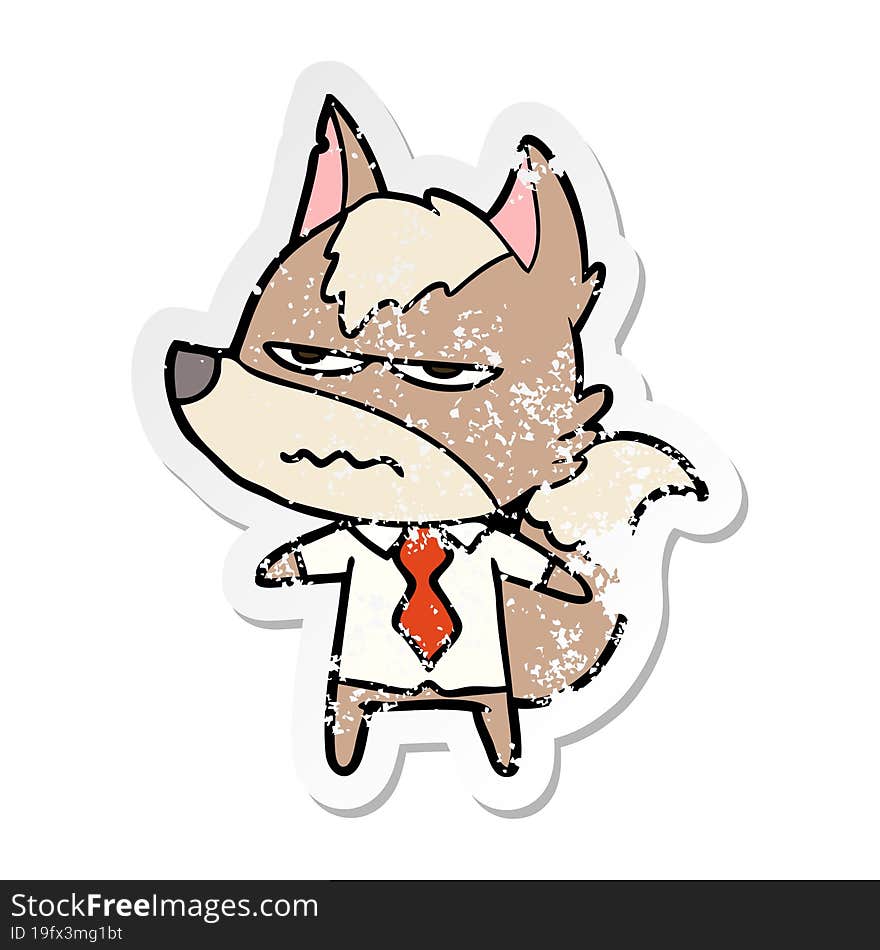 distressed sticker of a cartoon annoyed wolf