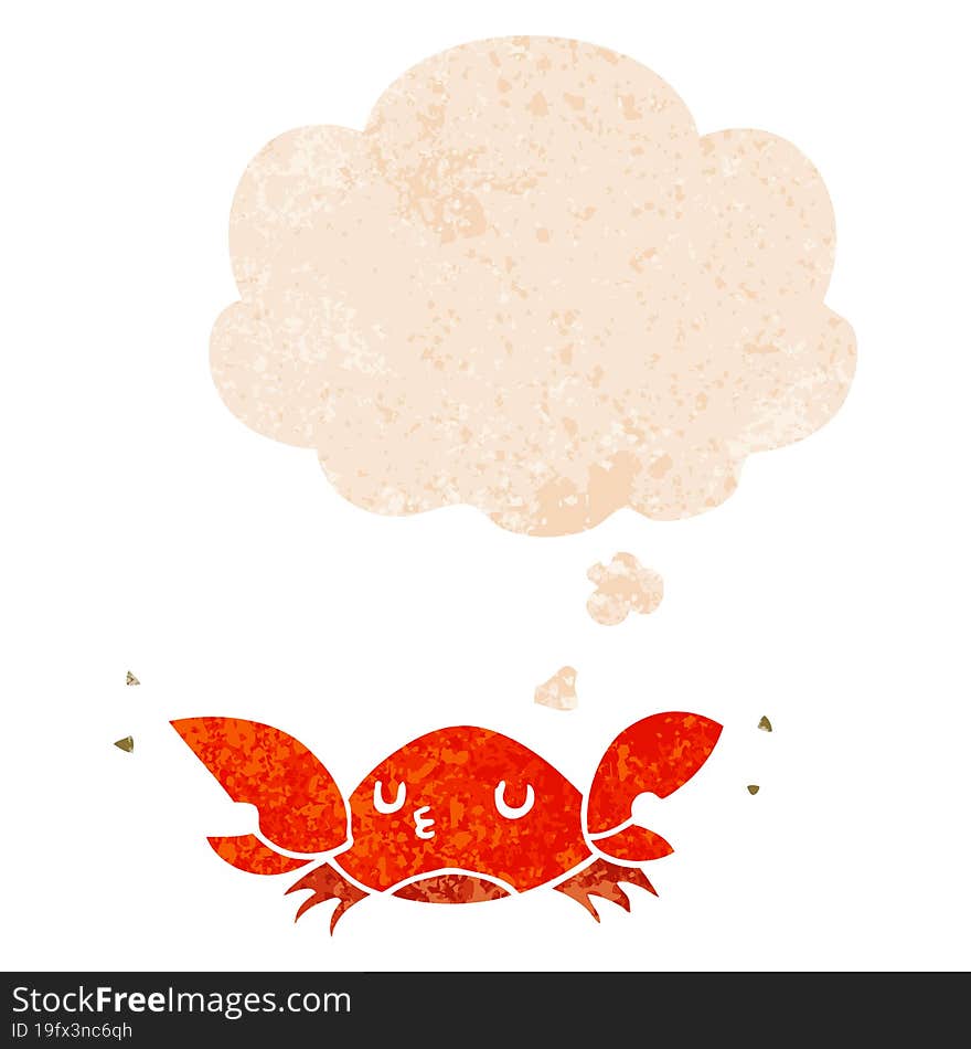 cartoon crab and thought bubble in retro textured style