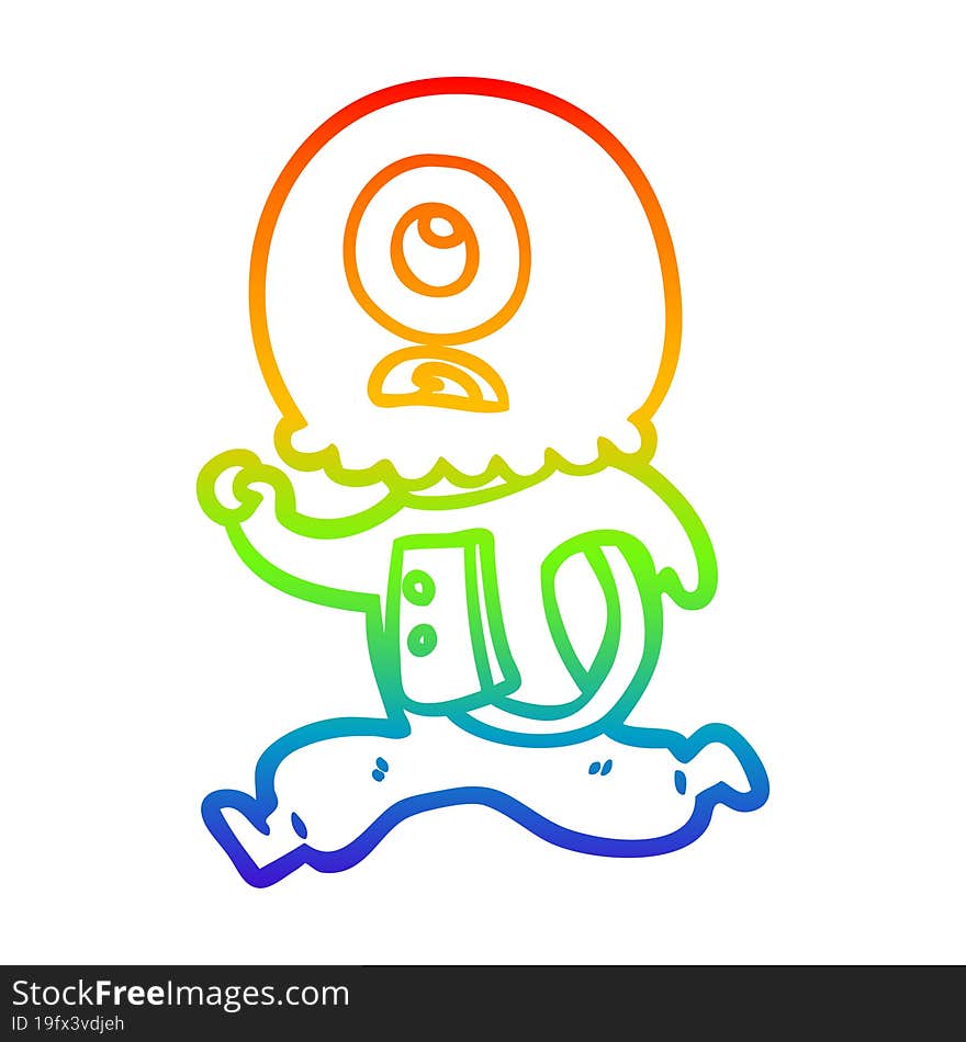 rainbow gradient line drawing of a cartoon cyclops alien spaceman running