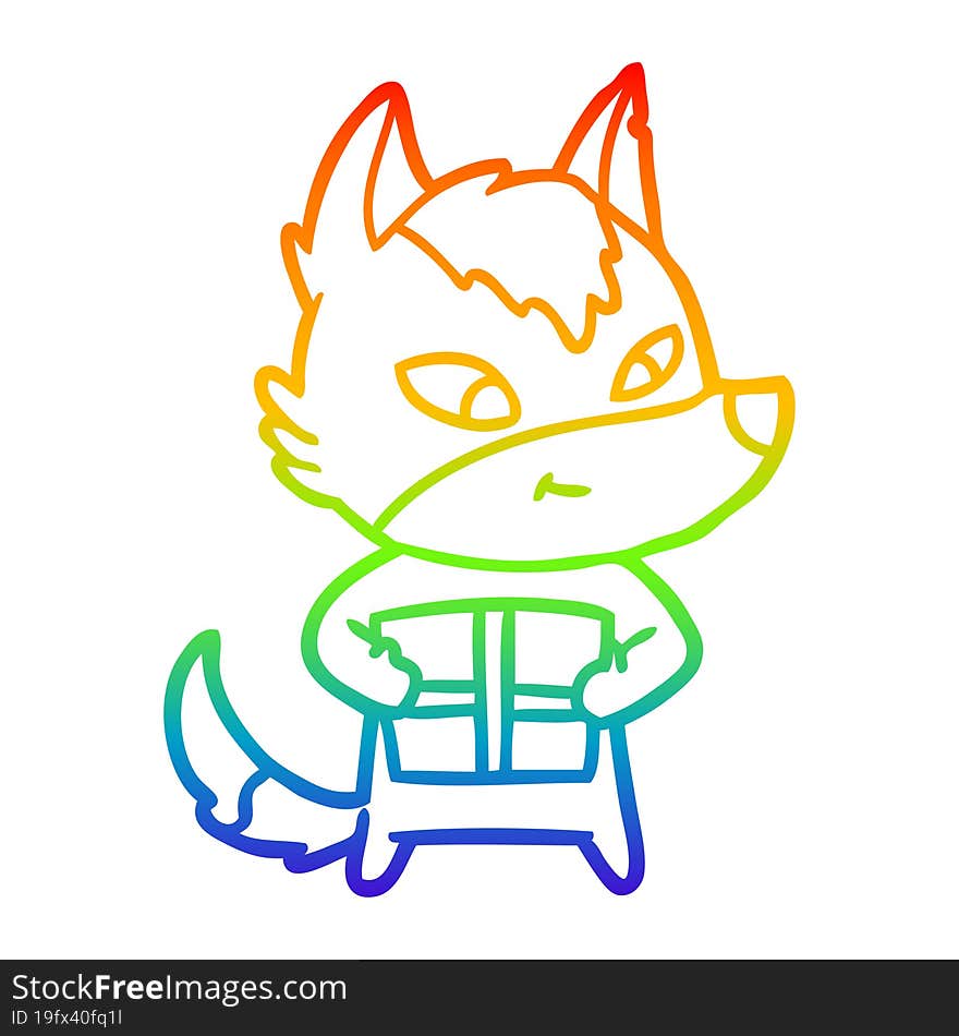 rainbow gradient line drawing friendly cartoon wolf with gift