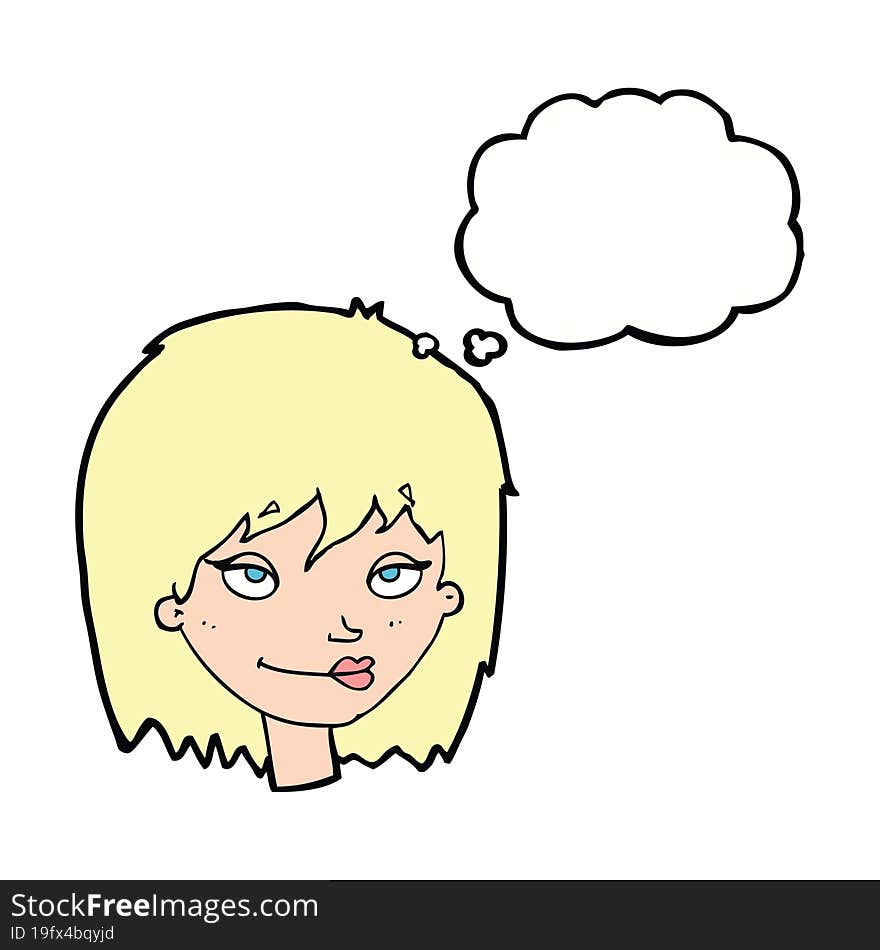 cartoon smiling woman with thought bubble