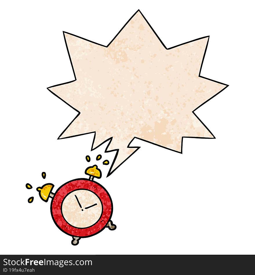 Cartoon Ringing Alarm Clock And Speech Bubble In Retro Texture Style