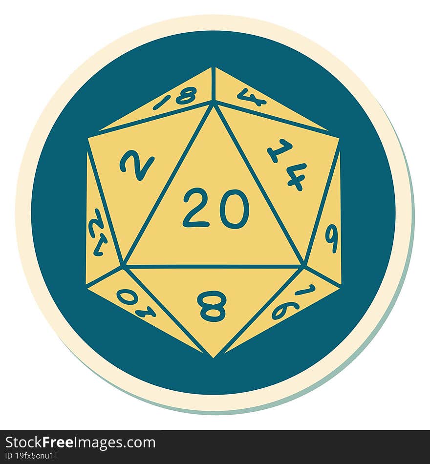 sticker of tattoo in traditional style of a d20 dice. sticker of tattoo in traditional style of a d20 dice