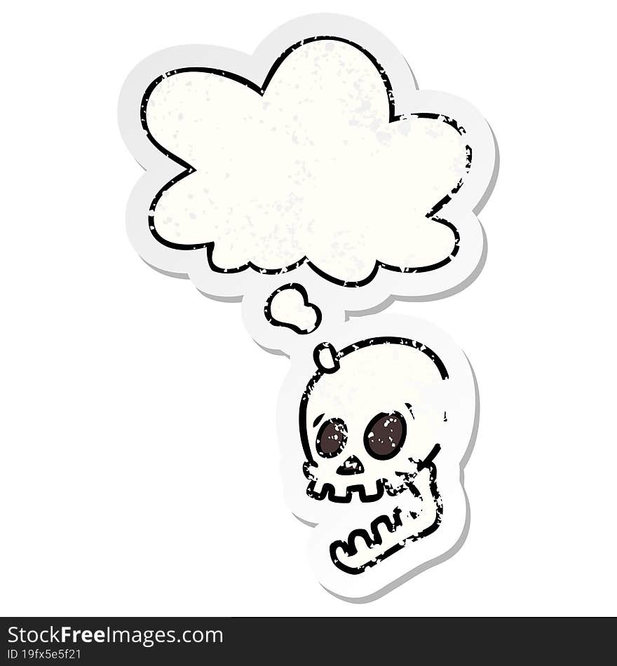 laughing skull cartoon and thought bubble as a distressed worn sticker