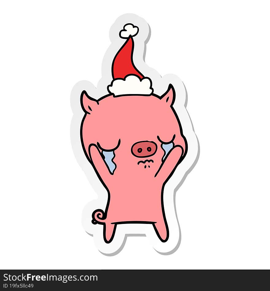 sticker cartoon of a pig crying wearing santa hat