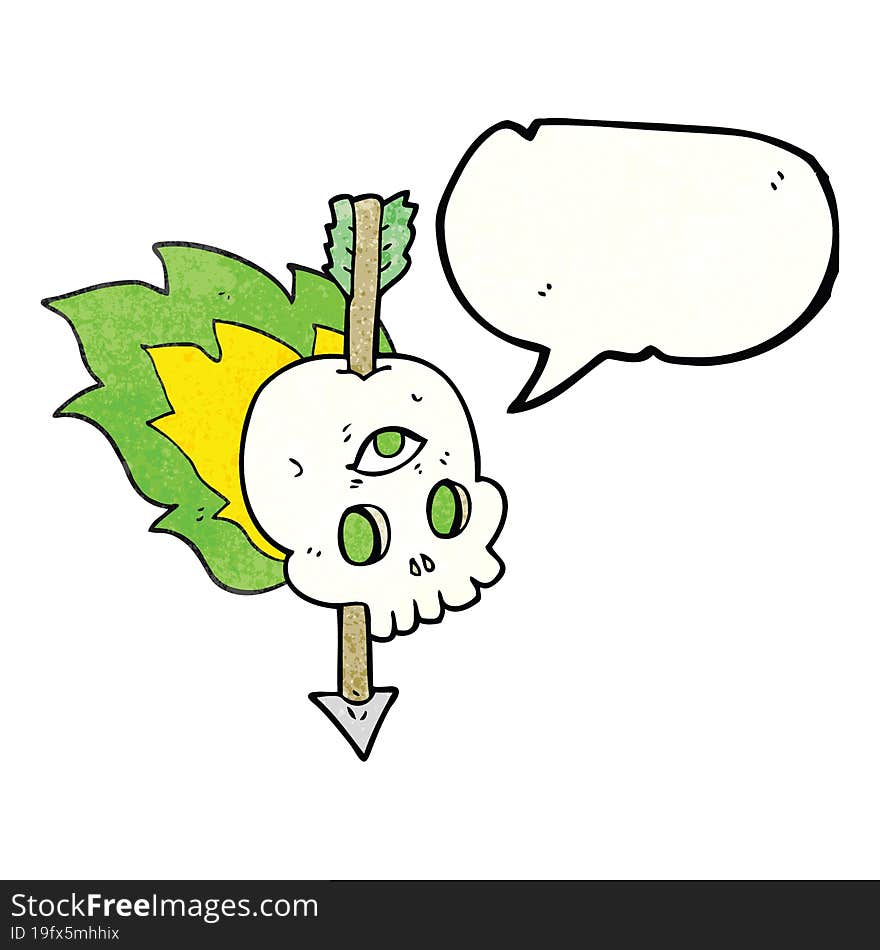 freehand speech bubble textured cartoon magic skull with arrow through brain