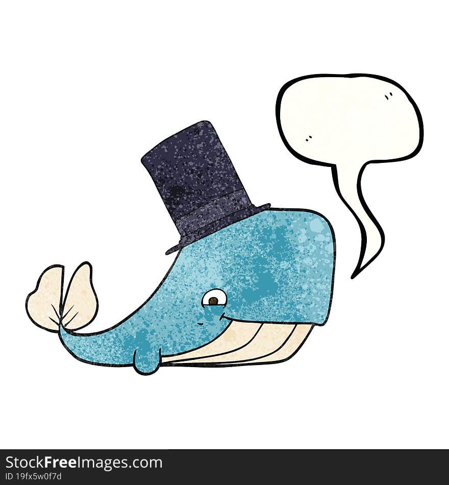 speech bubble textured cartoon whale in top hat