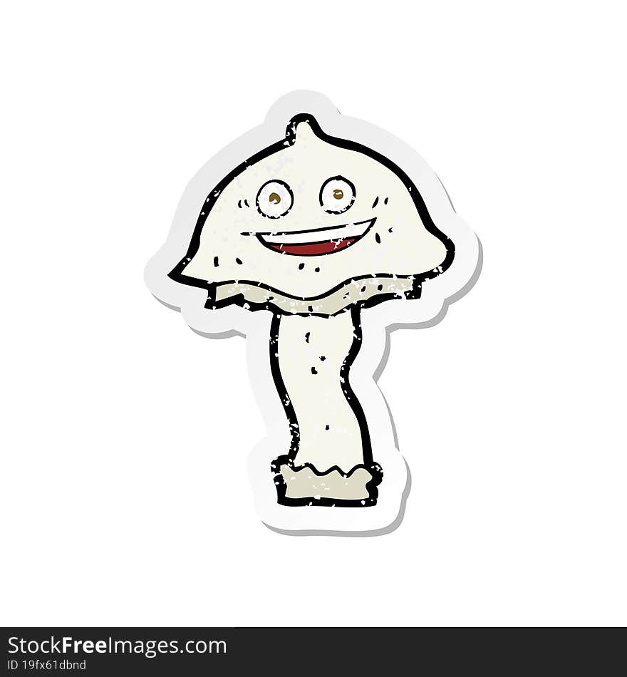 retro distressed sticker of a cartoon happy mushroom