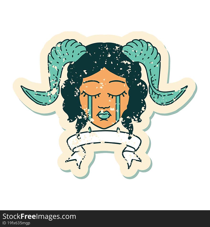 Retro Tattoo Style crying tiefling character face with scroll banner. Retro Tattoo Style crying tiefling character face with scroll banner