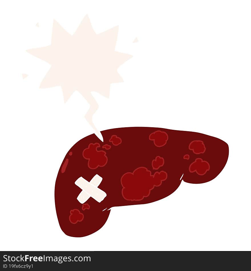 cartoon unhealthy liver and speech bubble in retro style