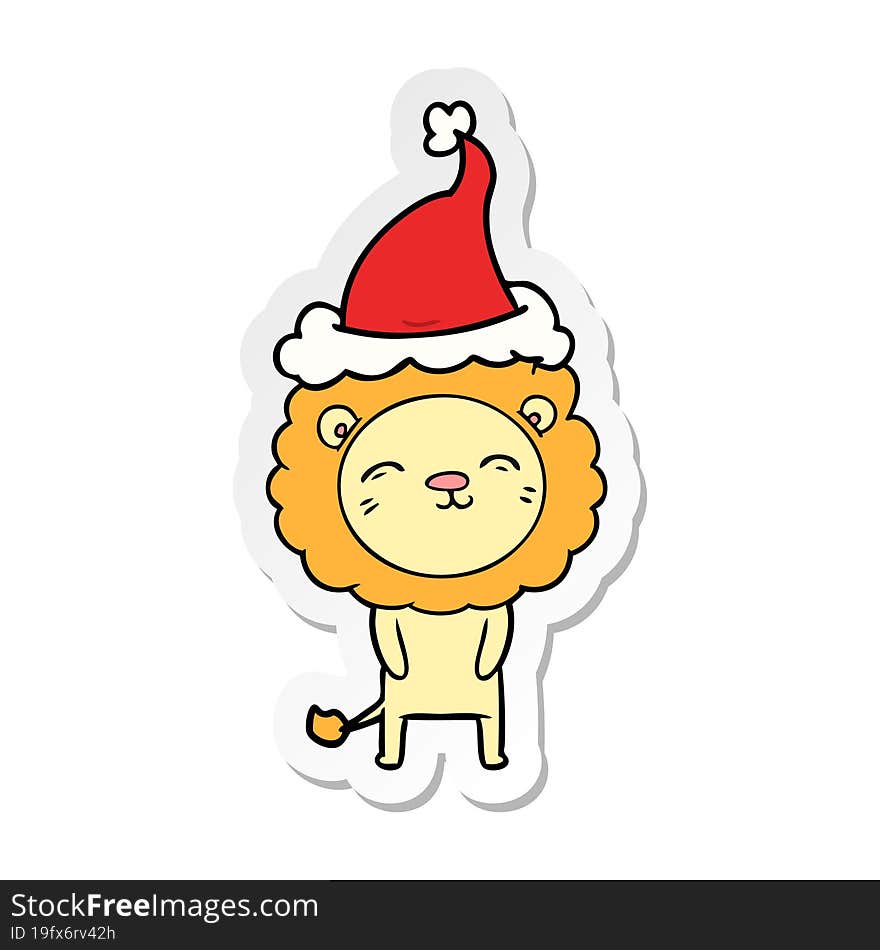 hand drawn sticker cartoon of a lion wearing santa hat