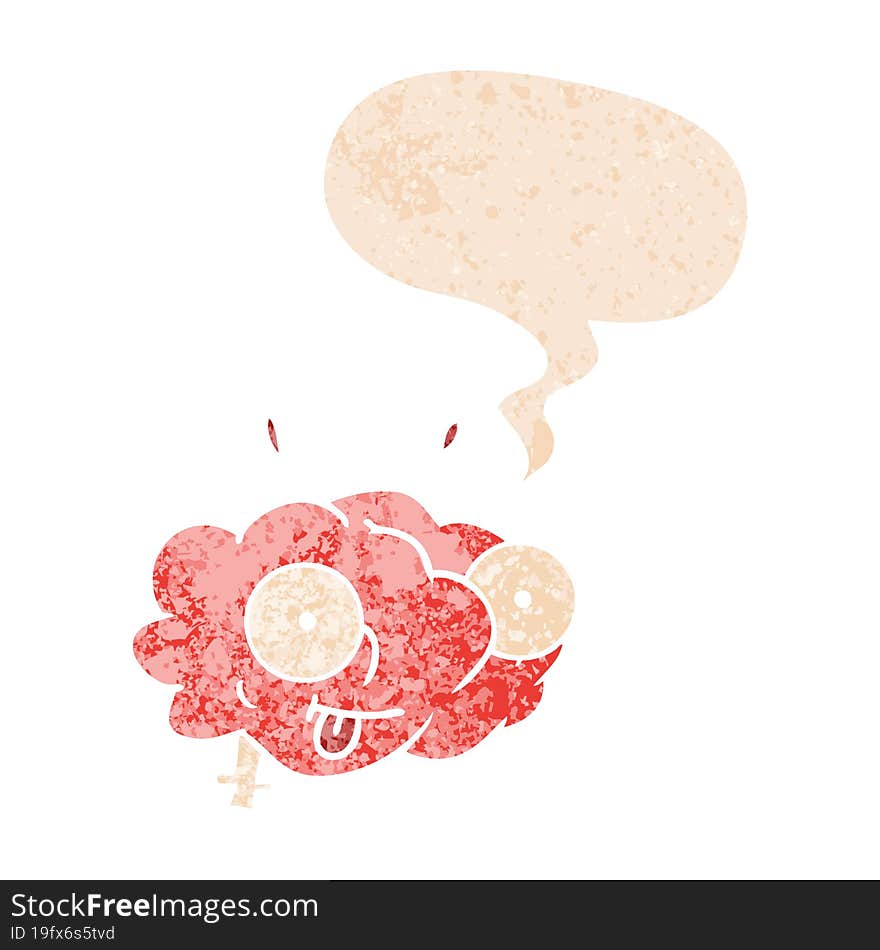 funny cartoon brain and speech bubble in retro textured style