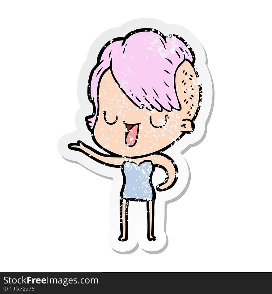 distressed sticker of a cute cartoon girl with hipster haircut