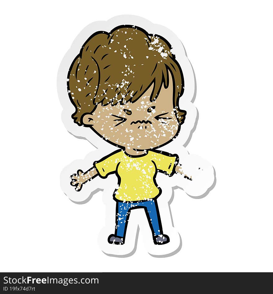 distressed sticker of a cartoon frustrated woman