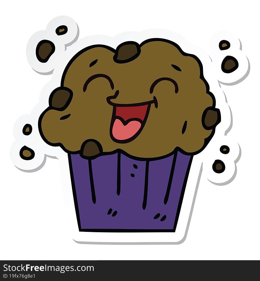 sticker of a quirky hand drawn cartoon happy muffin