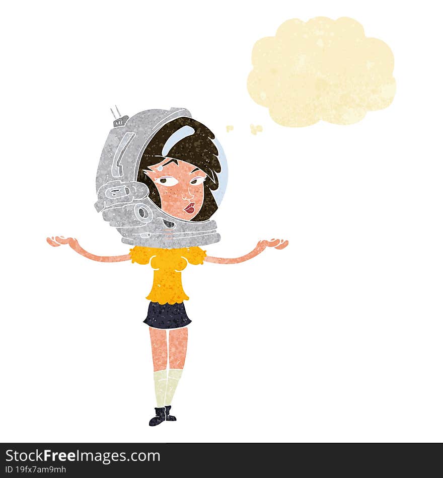 cartoon woman wearing space helmet with thought bubble