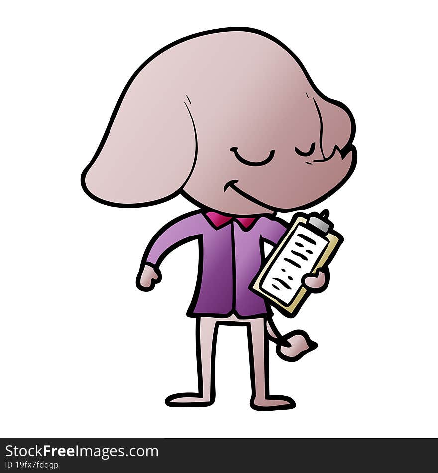 cartoon smiling elephant with clipboard. cartoon smiling elephant with clipboard