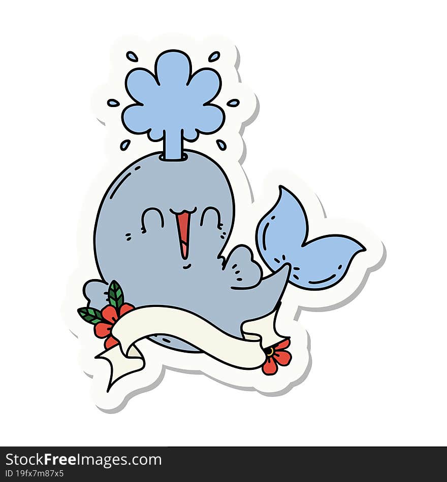 sticker of tattoo style happy squirting whale character