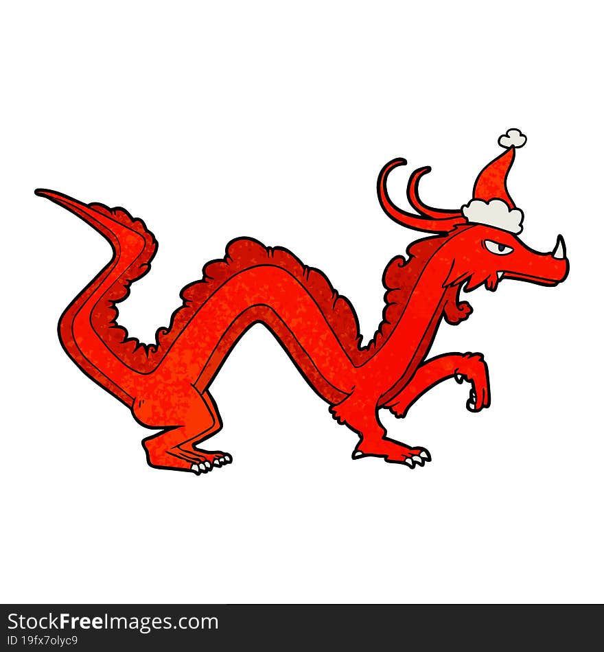 hand drawn textured cartoon of a dragon wearing santa hat