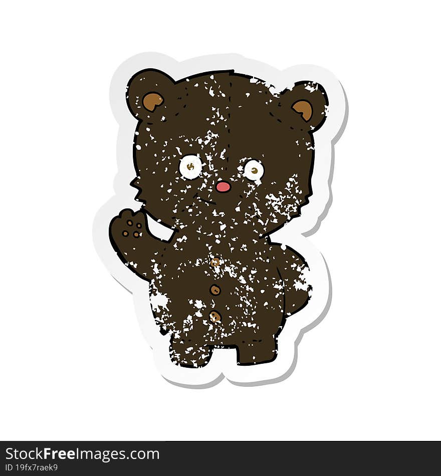 retro distressed sticker of a cartoon waving black bear cub