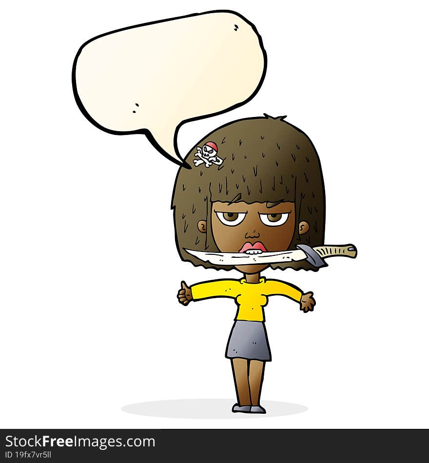 cartoon woman with knife between teeth with speech bubble