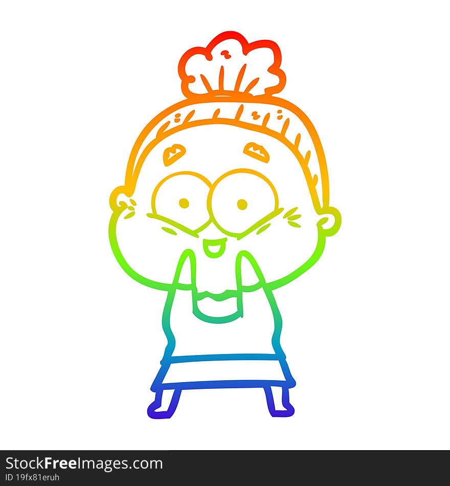 rainbow gradient line drawing of a cartoon happy old woman