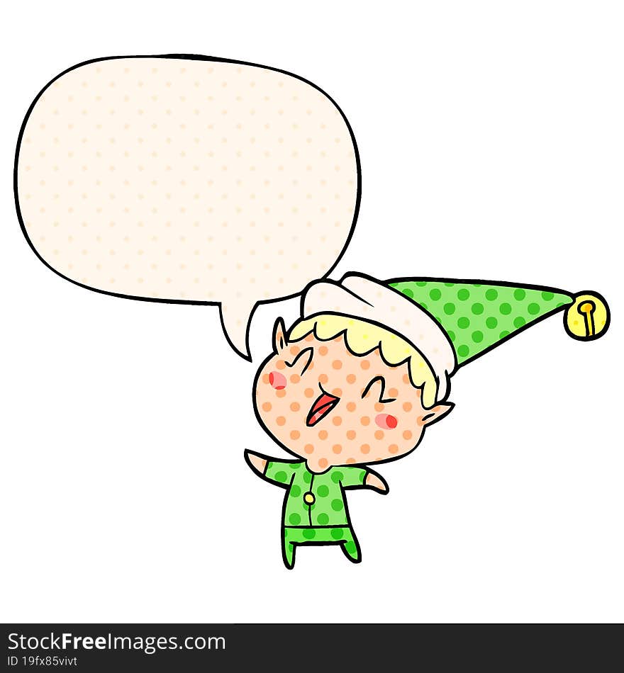 cartoon happy christmas elf and speech bubble in comic book style