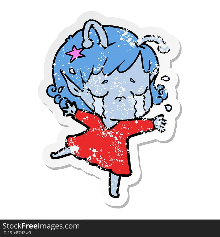 distressed sticker of a cartoon crying alien girl