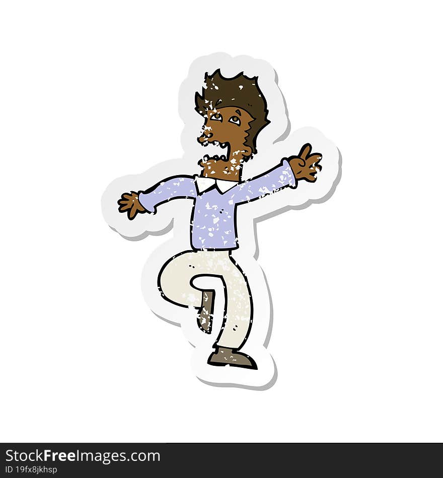 retro distressed sticker of a cartoon man panicking