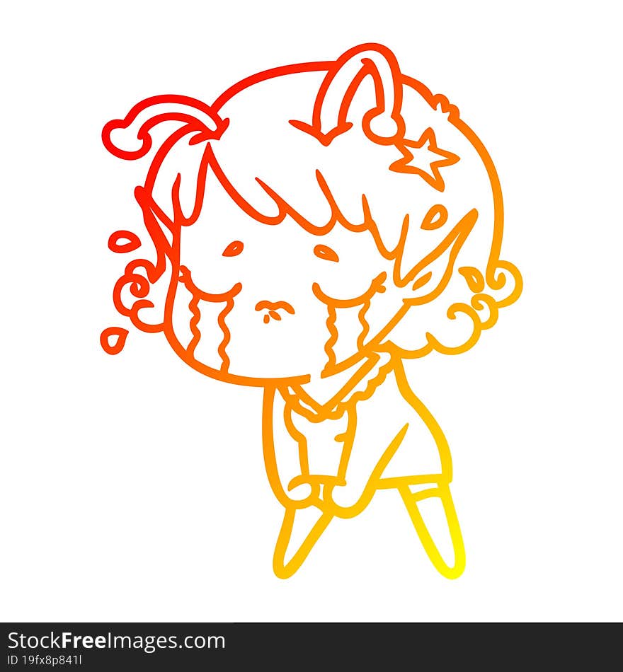 warm gradient line drawing cartoon crying alien girl