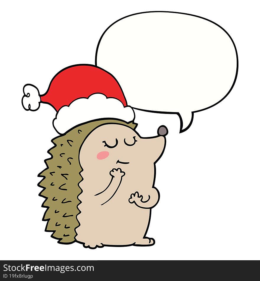 cartoon hedgehog wearing christmas hat and speech bubble