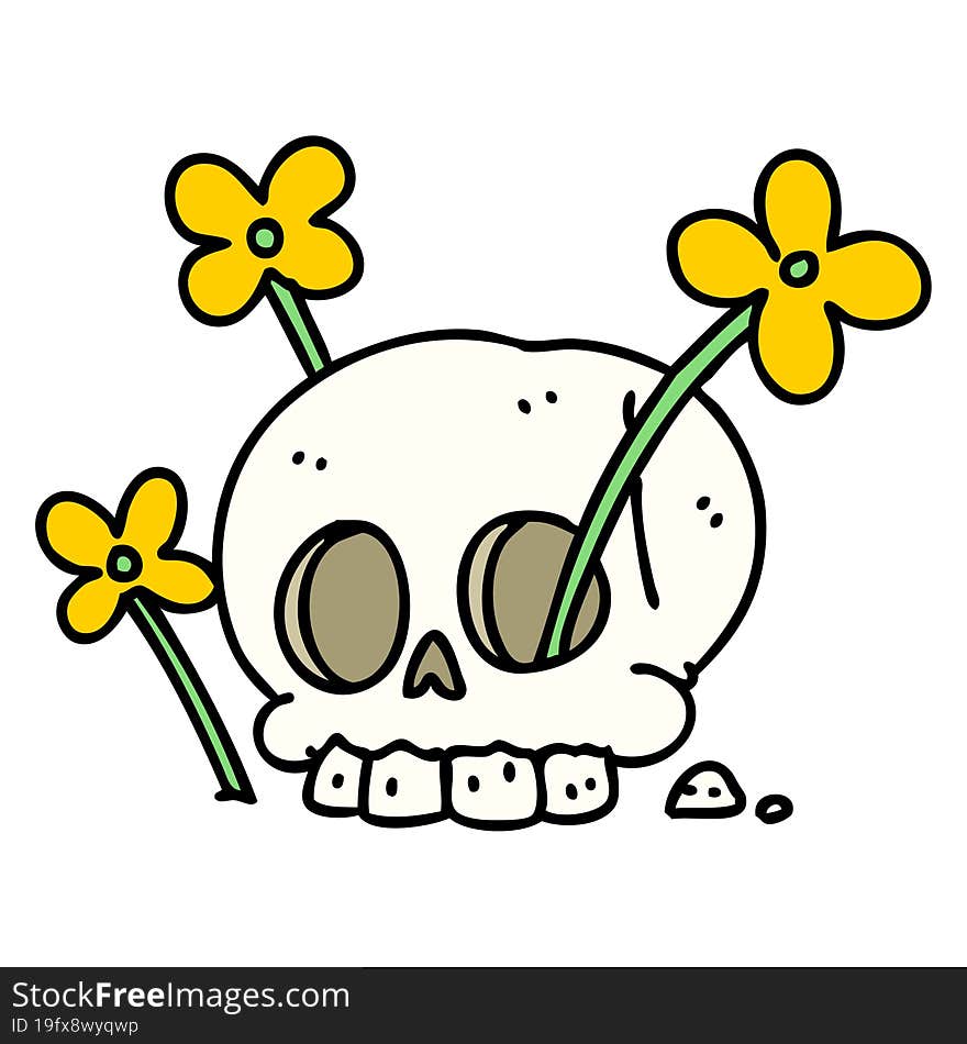 cartoon of a skull with flowers growing