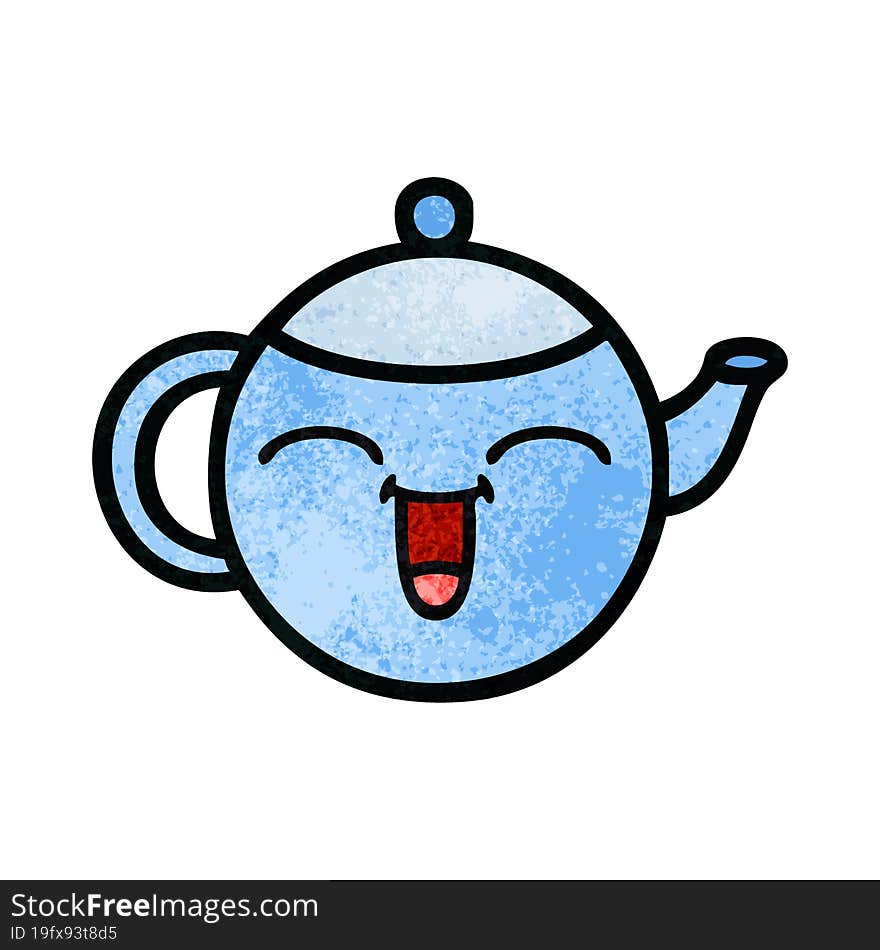 retro grunge texture cartoon of a happy teapot