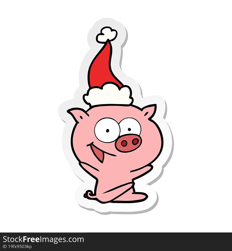 cheerful sitting pig sticker cartoon of a wearing santa hat