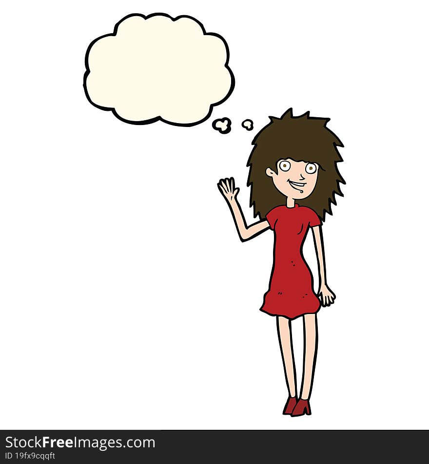 cartoon happy woman waving with thought bubble