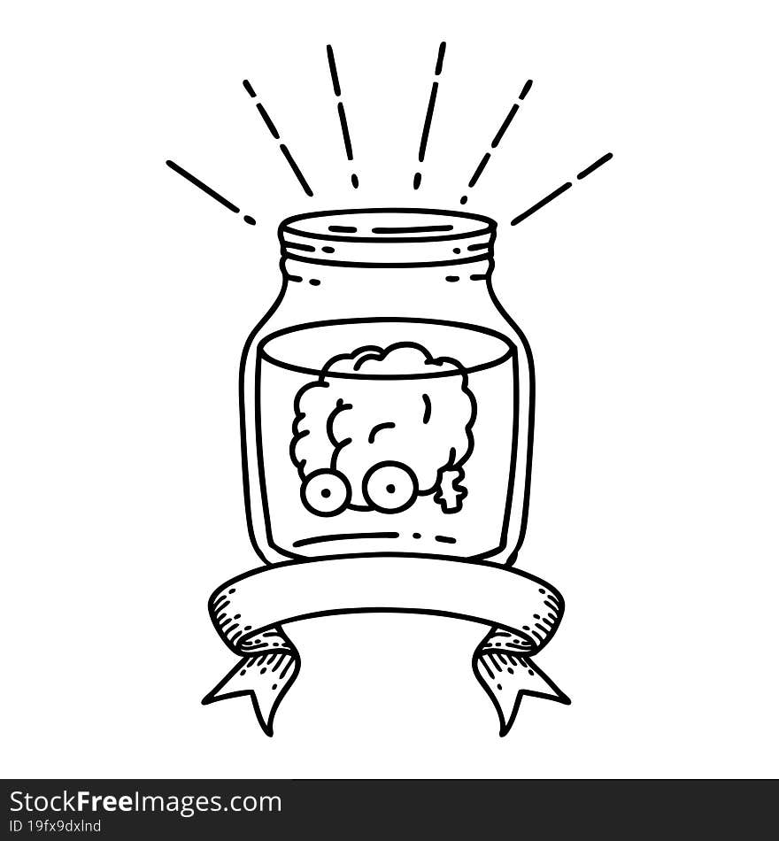 banner with black line work tattoo style brain in jar