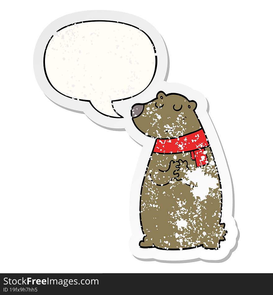 Cartoon Bear Wearing Scarf And Speech Bubble Distressed Sticker