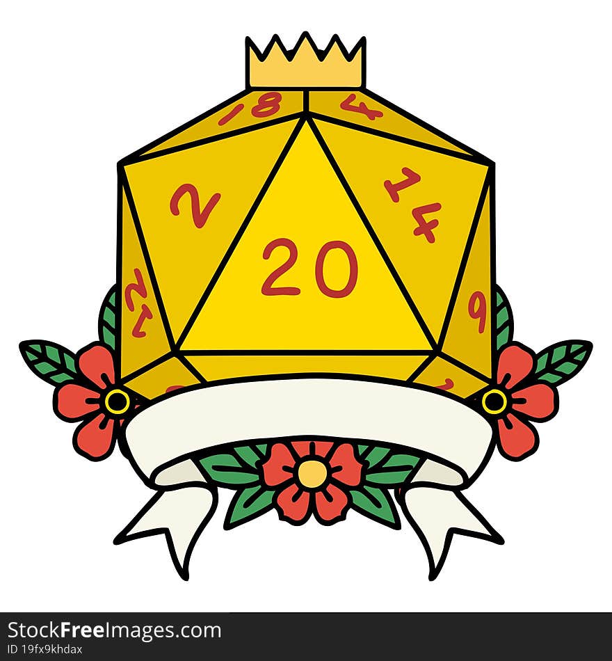 Retro Tattoo Style natural 20 critical hit D20 dice roll. Retro Tattoo Style natural 20 critical hit D20 dice roll