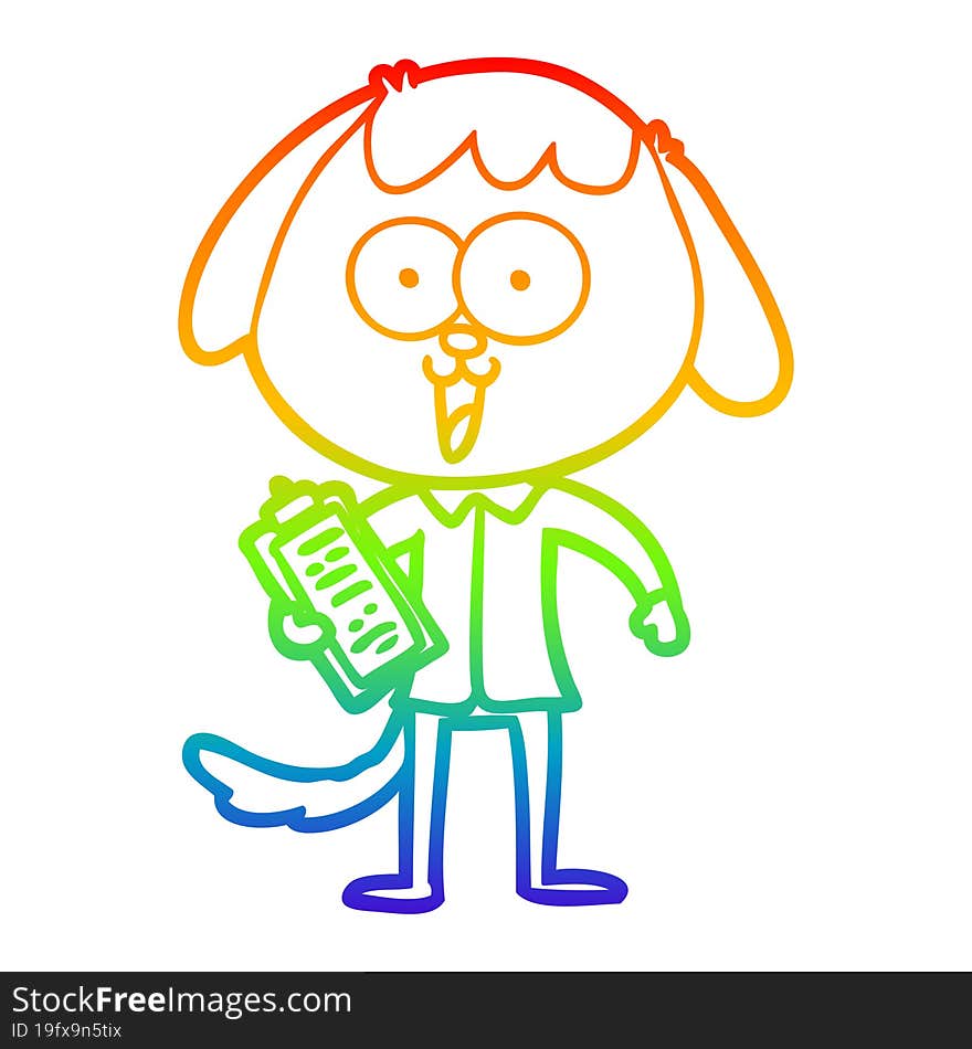 rainbow gradient line drawing of a cute cartoon dog wearing office shirt