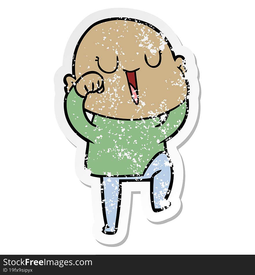 distressed sticker of a happy cartoon bald man