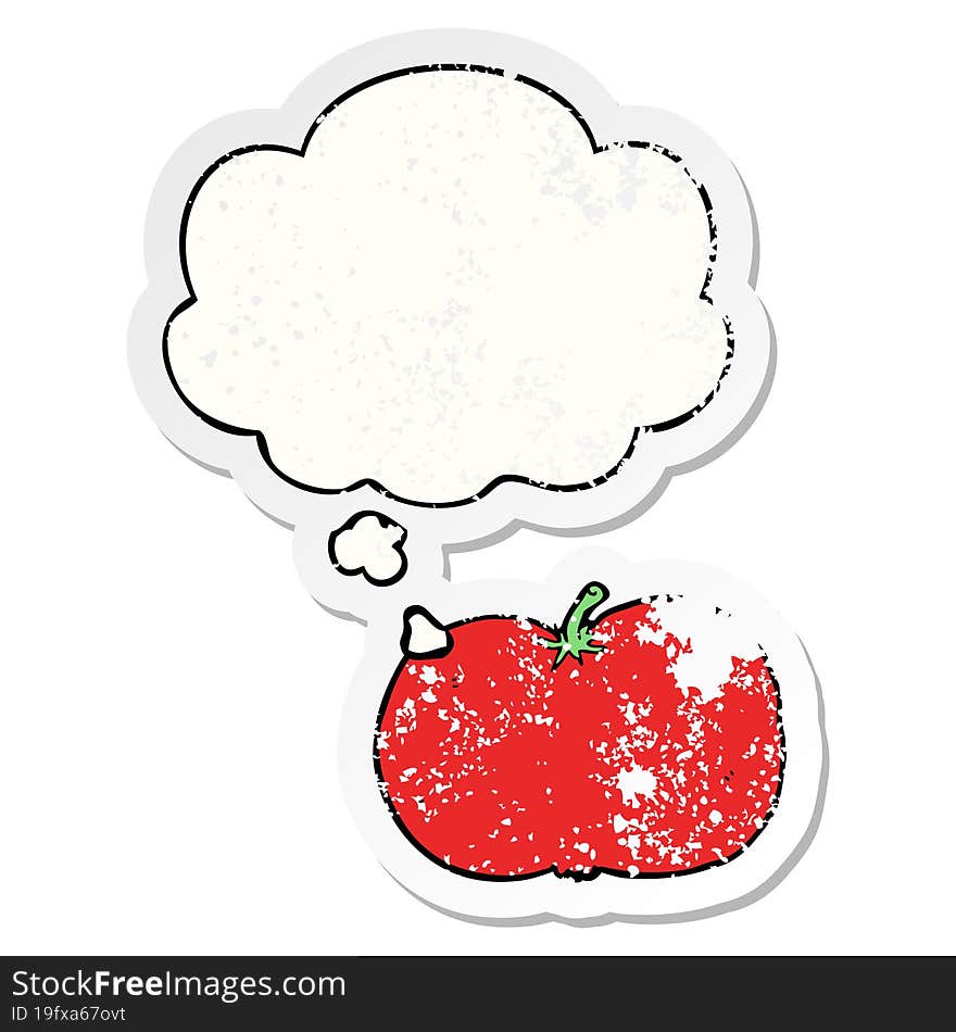 cartoon tomato and thought bubble as a distressed worn sticker