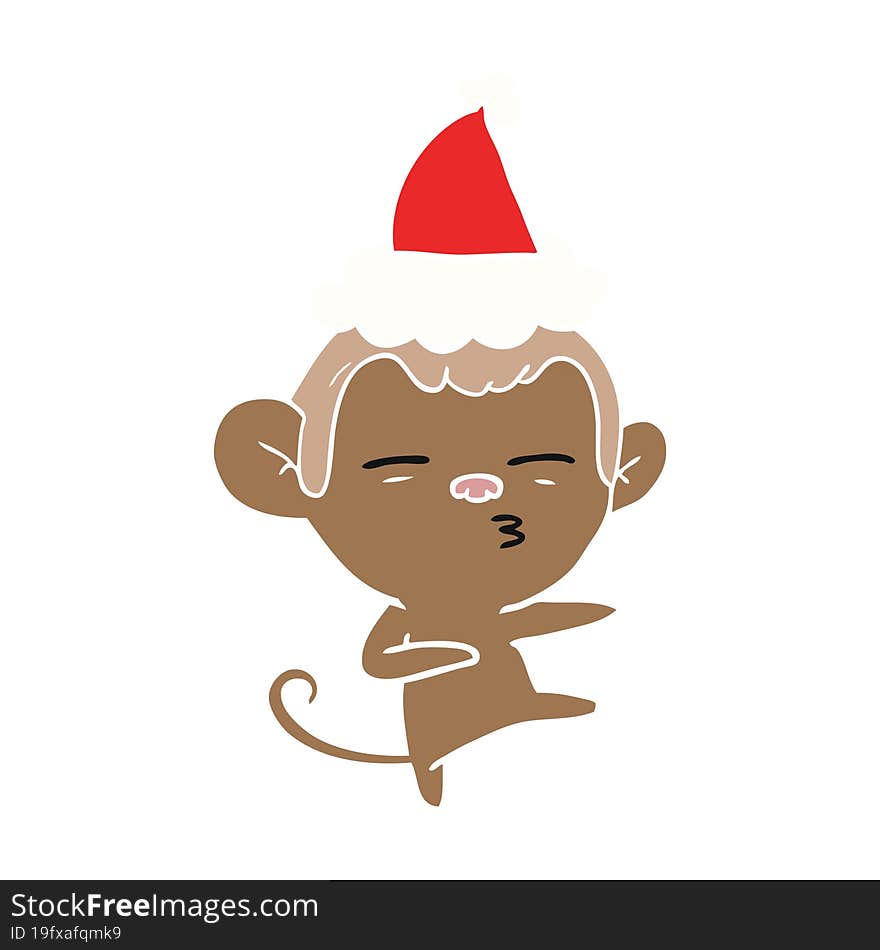 flat color illustration of a suspicious monkey wearing santa hat