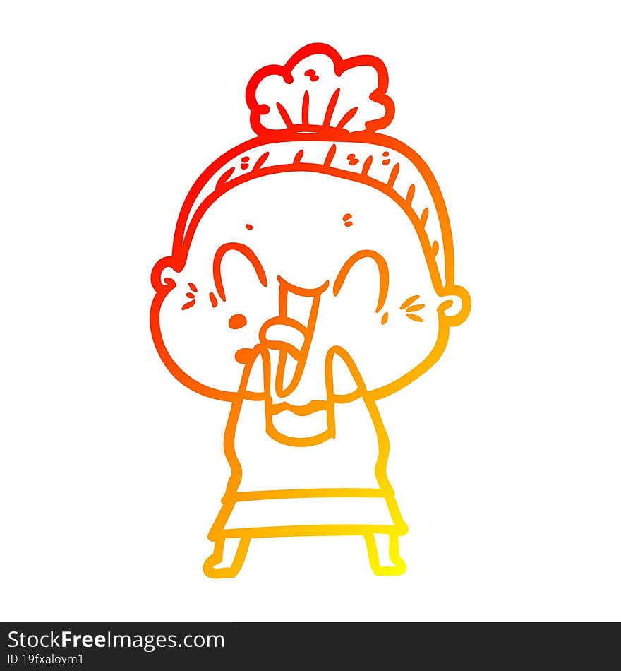 warm gradient line drawing of a cartoon happy old woman