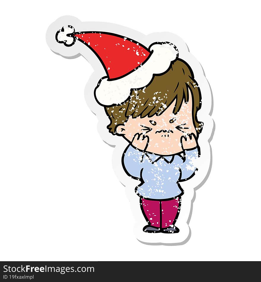 hand drawn distressed sticker cartoon of a frustrated woman wearing santa hat