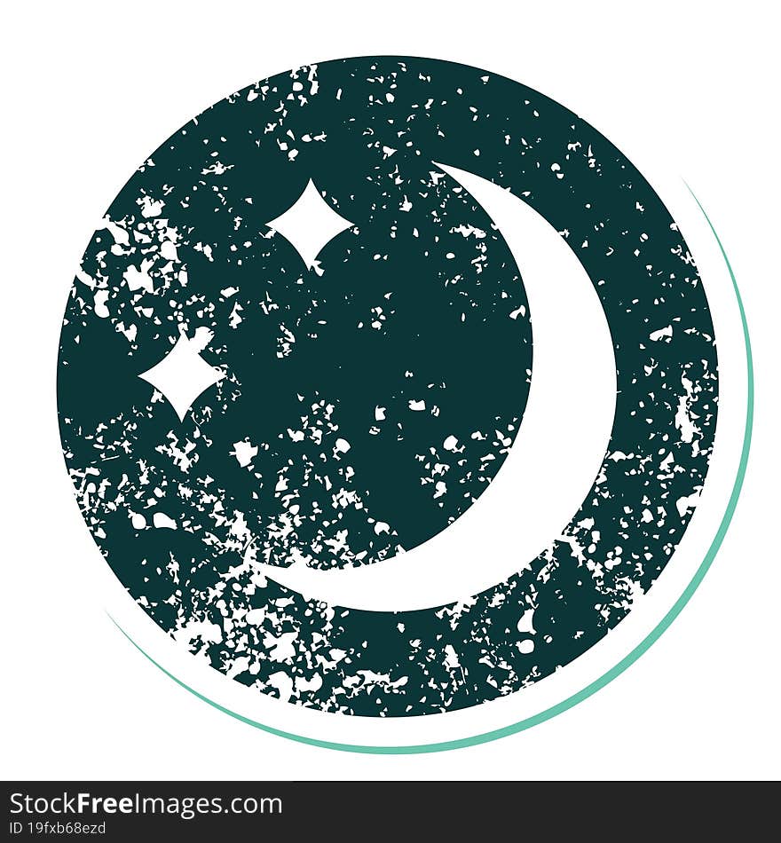 Distressed Sticker Tattoo Style Icon Of A Moon And Stars