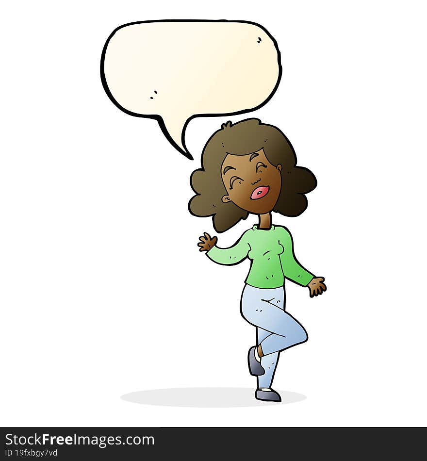 Cartoon Happy Woman Dancing With Speech Bubble