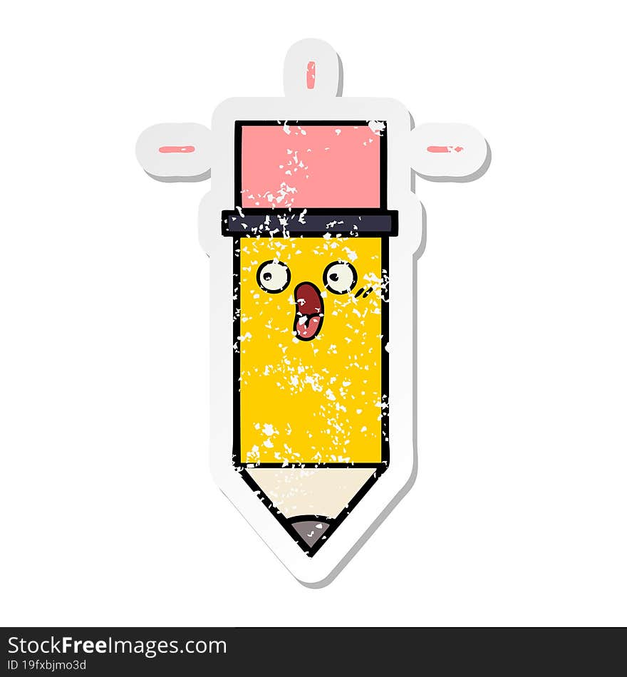 distressed sticker of a cute cartoon pencil