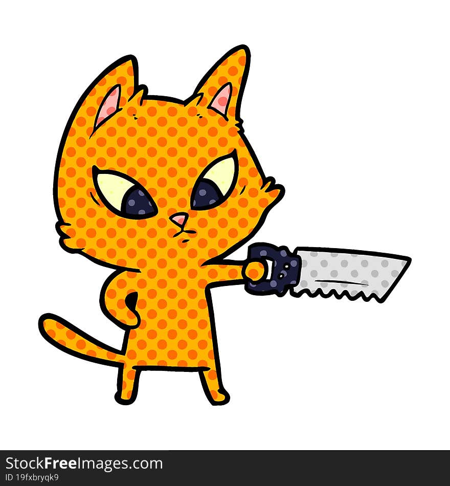 confused cartoon cat with saw. confused cartoon cat with saw