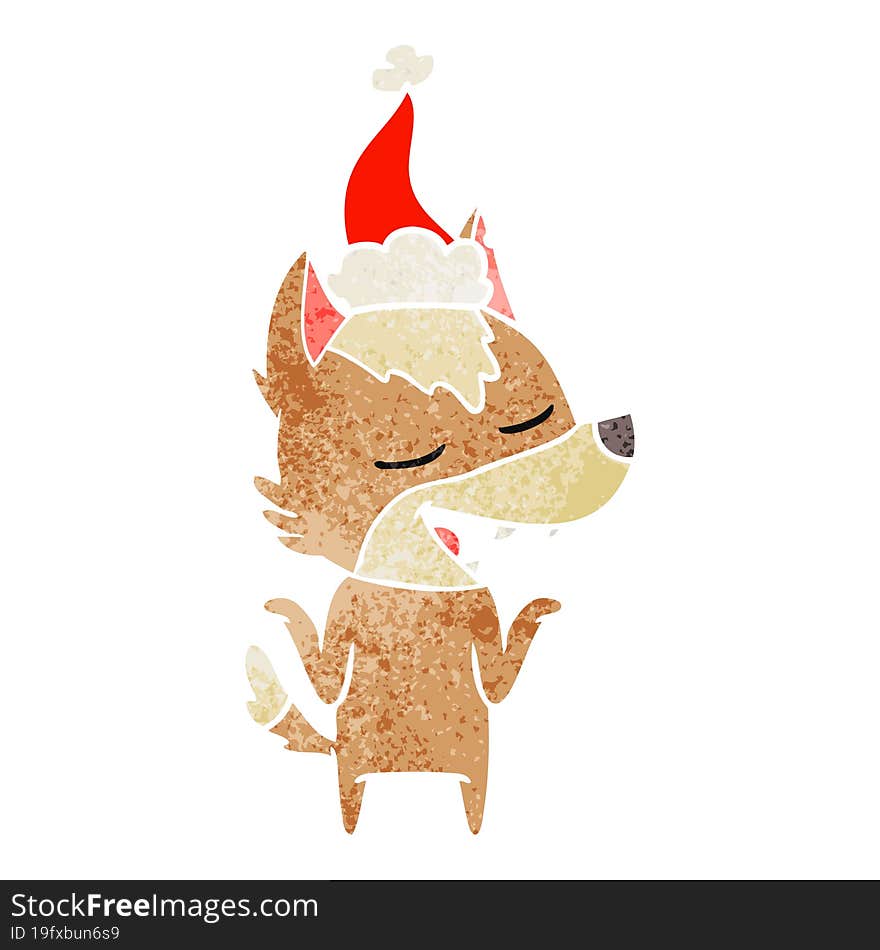 retro cartoon of a wolf laughing wearing santa hat